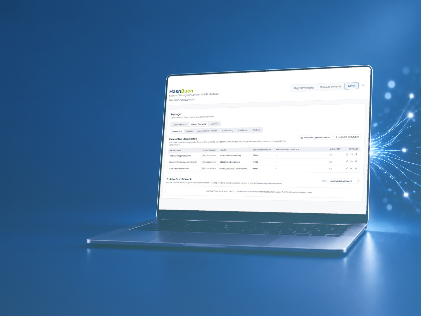 Ein Laptop zeigt HashBuch Classic Payments mit der Lieferantenliste eines Demo-Mandanten.